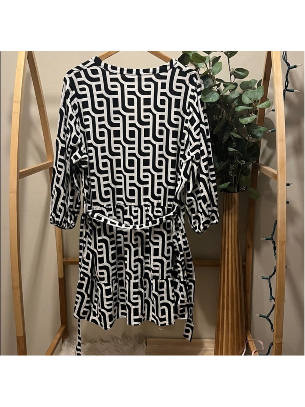 Zara Geographic Black White 3/4 Sleeves Belted Dress a160 - Picture 4 of 4